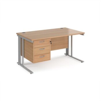 Maestro 25 straight desk 1400mm x 800mm with 3 drawer pedestal - silver cable managed leg frame Beech top - MCM14P3SB