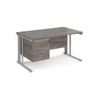 Maestro 25 straight desk 1400mm x 800mm with 3 drawer pedestal - silver cable managed leg frame Grey Oak Top - MCM14P3SGO