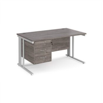Maestro 25 straight desk 1400mm x 800mm with 3 drawer pedestal - white cable managed leg frame Grey Oak Top - MCM14P3WHGO