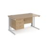 Maestro 25 straight desk 1400mm x 800mm with 3 drawer pedestal - white cable managed leg frame Kendal Oak Top - MCM14P3WHKO
