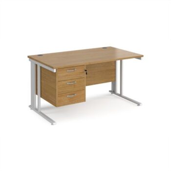 Maestro 25 straight desk 1400mm x 800mm with 3 drawer pedestal - white cable managed leg frame Oak Top - MCM14P3WHO
