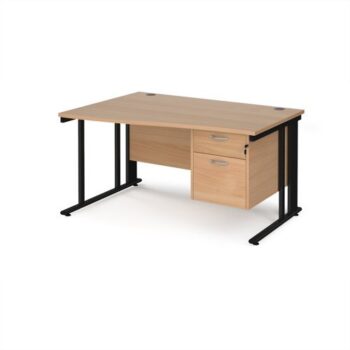 Maestro 25 left hand wave desk 1400mm wide with 2 drawer pedestal - black cable managed leg frame Beech top - MCM14WLP2KB