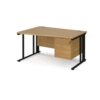 Maestro 25 left hand wave desk 1400mm wide with 2 drawer pedestal - black cable managed leg frame Oak Top - MCM14WLP2KO