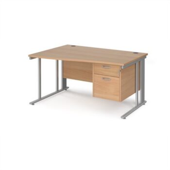 Maestro 25 left hand wave desk 1400mm wide with 2 drawer pedestal - silver cable managed leg frame Beech top - MCM14WLP2SB