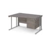 Maestro 25 left hand wave desk 1400mm wide with 2 drawer pedestal - silver cable managed leg frame Grey Oak Top - MCM14WLP2SGO