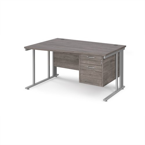 Maestro 25 left hand wave desk 1400mm wide with 2 drawer pedestal - silver cable managed leg frame Grey Oak Top - MCM14WLP2SGO