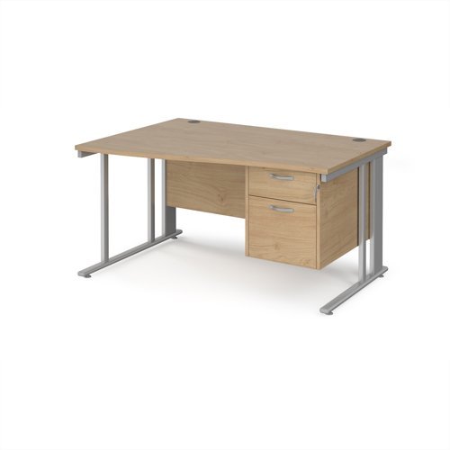 Maestro 25 left hand wave desk 1400mm wide with 2 drawer pedestal - silver cable managed leg frame Kendal Oak Top - MCM14WLP2SKO
