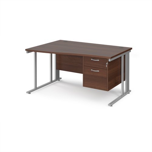 Maestro 25 left hand wave desk 1400mm wide with 2 drawer pedestal - silver cable managed leg frame Walnut top - MCM14WLP2SW