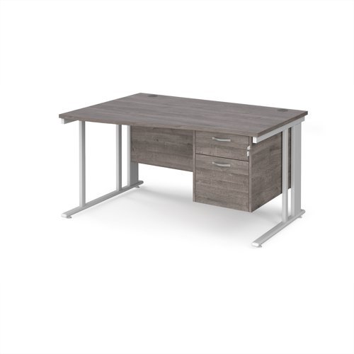 Maestro 25 left hand wave desk 1400mm wide with 2 drawer pedestal - white cable managed leg frame Grey Oak Top - MCM14WLP2WHGO
