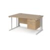 Maestro 25 left hand wave desk 1400mm wide with 2 drawer pedestal - white cable managed leg frame Kendal Oak Top - MCM14WLP2WHKO