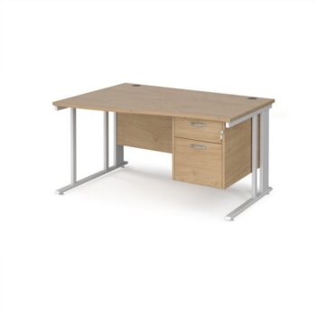 Maestro 25 left hand wave desk 1400mm wide with 2 drawer pedestal - white cable managed leg frame Kendal Oak Top - MCM14WLP2WHKO