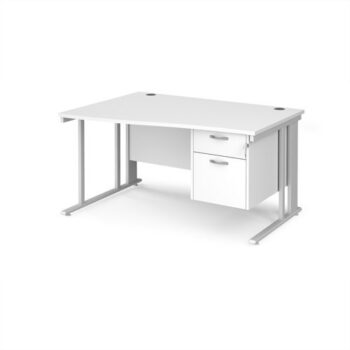 Maestro 25 left hand wave desk 1400mm wide with 2 drawer pedestal - white cable managed leg frame White Top - MCM14WLP2WHWH