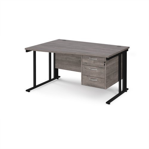 Maestro 25 left hand wave desk 1400mm wide with 3 drawer pedestal - black cable managed leg frame Grey Oak Top - MCM14WLP3KGO