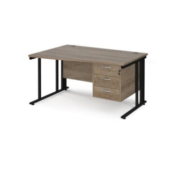 Maestro 25 left hand wave desk 1400mm wide with 3 drawer pedestal - black cable managed leg frame Nebraska Oak Top - MCM14WLP3KNO
