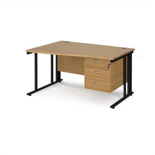 Maestro 25 left hand wave desk 1400mm wide with 3 drawer pedestal - black cable managed leg frame Oak Top - MCM14WLP3KO