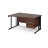 Maestro 25 left hand wave desk 1400mm wide with 3 drawer pedestal - black cable managed leg frame Walnut top - MCM14WLP3KW
