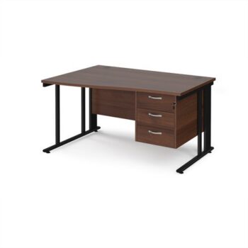 Maestro 25 left hand wave desk 1400mm wide with 3 drawer pedestal - black cable managed leg frame Walnut top - MCM14WLP3KW