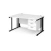 Maestro 25 left hand wave desk 1400mm wide with 3 drawer pedestal - black cable managed leg frame White Top - MCM14WLP3KWH