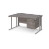 Maestro 25 left hand wave desk 1400mm wide with 3 drawer pedestal - silver cable managed leg frame Grey Oak Top - MCM14WLP3SGO
