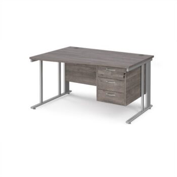 Maestro 25 left hand wave desk 1400mm wide with 3 drawer pedestal - silver cable managed leg frame Grey Oak Top - MCM14WLP3SGO