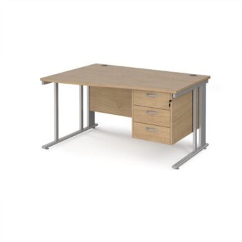 Maestro 25 left hand wave desk 1400mm wide with 3 drawer pedestal - silver cable managed leg frame Kendal Oak Top - MCM14WLP3SKO