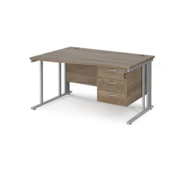 Maestro 25 left hand wave desk 1400mm wide with 3 drawer pedestal - silver cable managed leg frame Nebraska Oak Top - MCM14WLP3SNO