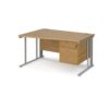 Maestro 25 left hand wave desk 1400mm wide with 3 drawer pedestal - silver cable managed leg frame Oak Top - MCM14WLP3SO