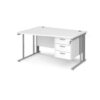 Maestro 25 left hand wave desk 1400mm wide with 3 drawer pedestal - silver cable managed leg frame White Top - MCM14WLP3SWH