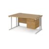 Maestro 25 left hand wave desk 1400mm wide with 3 drawer pedestal - white cable managed leg frame Oak Top - MCM14WLP3WHO