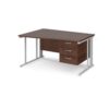 Maestro 25 left hand wave desk 1400mm wide with 3 drawer pedestal - white cable managed leg frame Walnut top - MCM14WLP3WHW