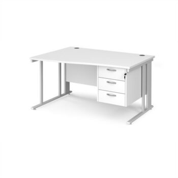 Maestro 25 left hand wave desk 1400mm wide with 3 drawer pedestal - white cable managed leg frame White Top - MCM14WLP3WHWH