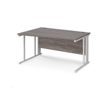 Maestro 25 left hand wave desk 1400mm wide - white cable managed leg frame Grey Oak Top - MCM14WLWHGO