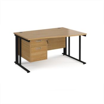 Maestro 25 right hand wave desk 1400mm wide with 2 drawer pedestal - black cable managed leg frame Oak Top - MCM14WRP2KO