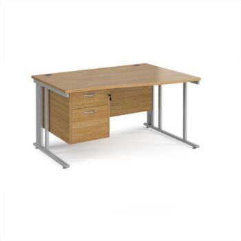 Maestro 25 right hand wave desk 1400mm wide with 2 drawer pedestal - silver cable managed leg frame Oak Top - MCM14WRP2SO