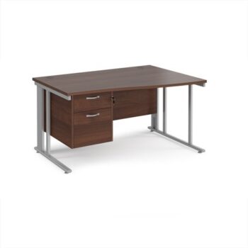 Maestro 25 right hand wave desk 1400mm wide with 2 drawer pedestal - silver cable managed leg frame Walnut top - MCM14WRP2SW