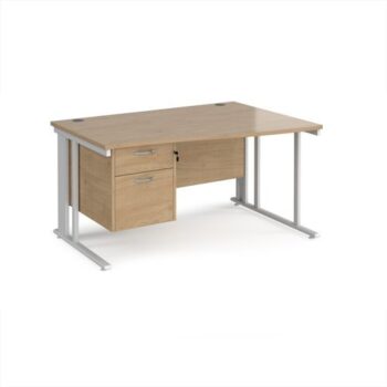Maestro 25 right hand wave desk 1400mm wide with 2 drawer pedestal - white cable managed leg frame Kendal Oak Top - MCM14WRP2WHKO