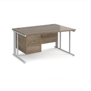 Maestro 25 right hand wave desk 1400mm wide with 2 drawer pedestal - white cable managed leg frame Nebraska Oak Top - MCM14WRP2WHNO