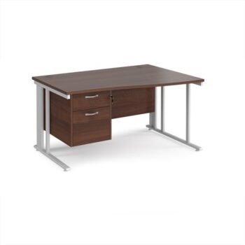 Maestro 25 right hand wave desk 1400mm wide with 2 drawer pedestal - white cable managed leg frame Walnut top - MCM14WRP2WHW