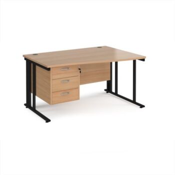 Maestro 25 right hand wave desk 1400mm wide with 3 drawer pedestal - black cable managed leg frame Beech top - MCM14WRP3KB