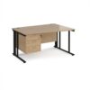 Maestro 25 right hand wave desk 1400mm wide with 3 drawer pedestal - black cable managed leg frame Kendal Oak Top - MCM14WRP3KKO