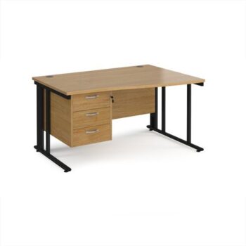 Maestro 25 right hand wave desk 1400mm wide with 3 drawer pedestal - black cable managed leg frame Oak Top - MCM14WRP3KO