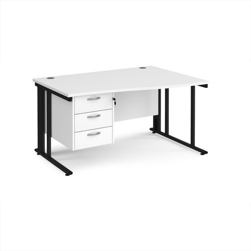 Maestro 25 right hand wave desk 1400mm wide with 3 drawer pedestal - black cable managed leg frame White Top - MCM14WRP3KWH