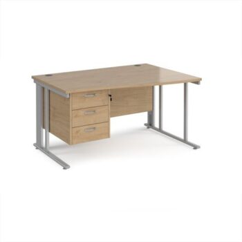 Maestro 25 right hand wave desk 1400mm wide with 3 drawer pedestal - silver cable managed leg frame Kendal Oak Top - MCM14WRP3SKO