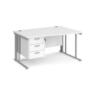 Maestro 25 right hand wave desk 1400mm wide with 3 drawer pedestal - silver cable managed leg frame White Top - MCM14WRP3SWH