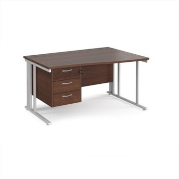 Maestro 25 right hand wave desk 1400mm wide with 3 drawer pedestal - white cable managed leg frame Walnut top - MCM14WRP3WHW