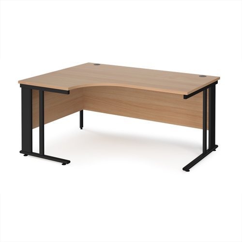 Maestro 25 left hand ergonomic desk 1600mm wide - black cable managed leg frame Beech top - MCM16ELKB