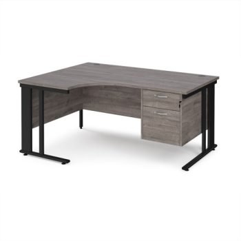 Maestro 25 left hand ergonomic desk 1600mm wide with 2 drawer pedestal - black cable managed leg frame Grey Oak Top - MCM16ELP2KGO