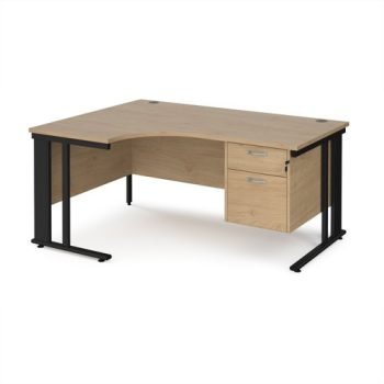 Maestro 25 left hand ergonomic desk 1600mm wide with 2 drawer pedestal - black cable managed leg frame Kendal Oak Top - MCM16ELP2KKO