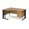 Maestro 25 left hand ergonomic desk 1600mm wide with 2 drawer pedestal - black cable managed leg frame Oak Top - MCM16ELP2KO