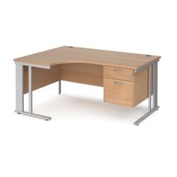 Maestro 25 left hand ergonomic desk 1600mm wide with 2 drawer pedestal - silver cable managed leg frame Beech top - MCM16ELP2SB